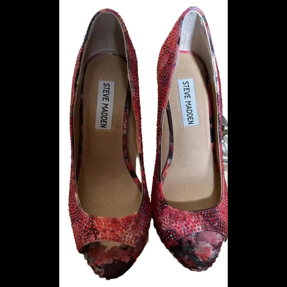😎🩷Steve Madden Size 6M Eclipse Red Platform Stiletto Open Toe Beaded Heels🩷